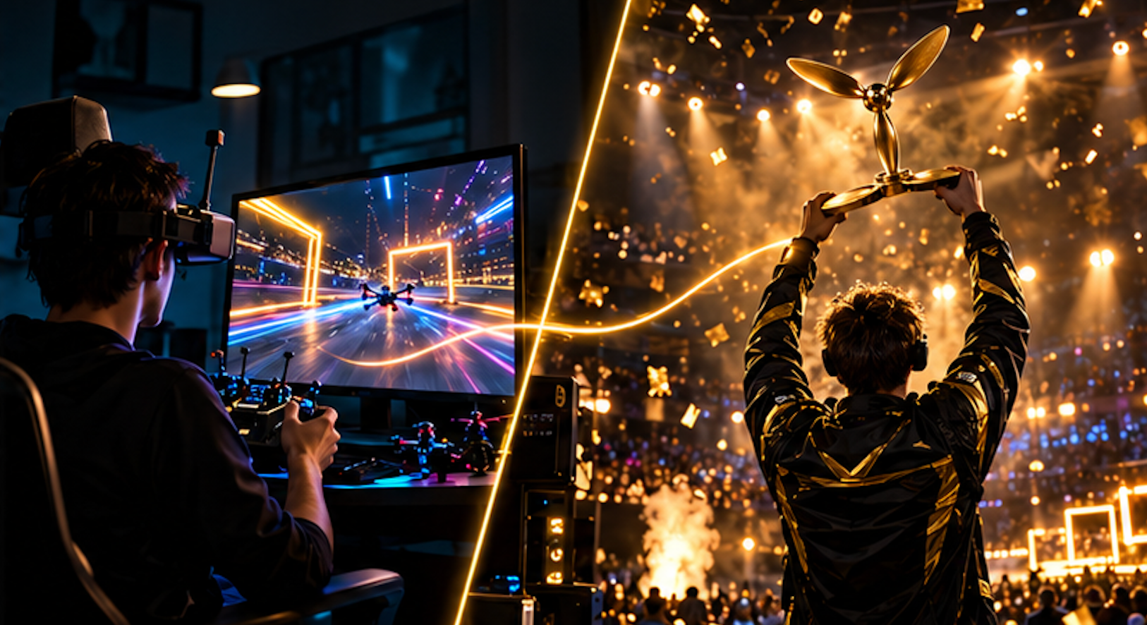 Champion lifts the Golden Drone trophy on stage.